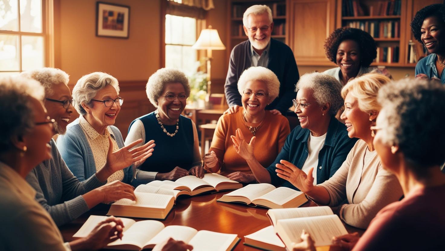 Senior adults discussing books in a comfortable setting
